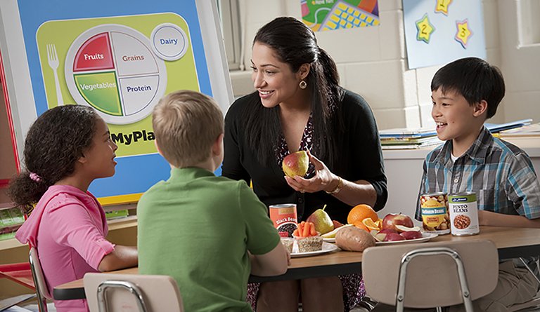 Teacher Eating Fruits & Vegetables In A Classroom With Students